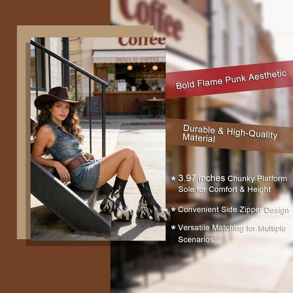 Women Silver Flame Printing Chunky Sole Ankle High Zipper Closure Round Toe Boot - Picture 7 of 8